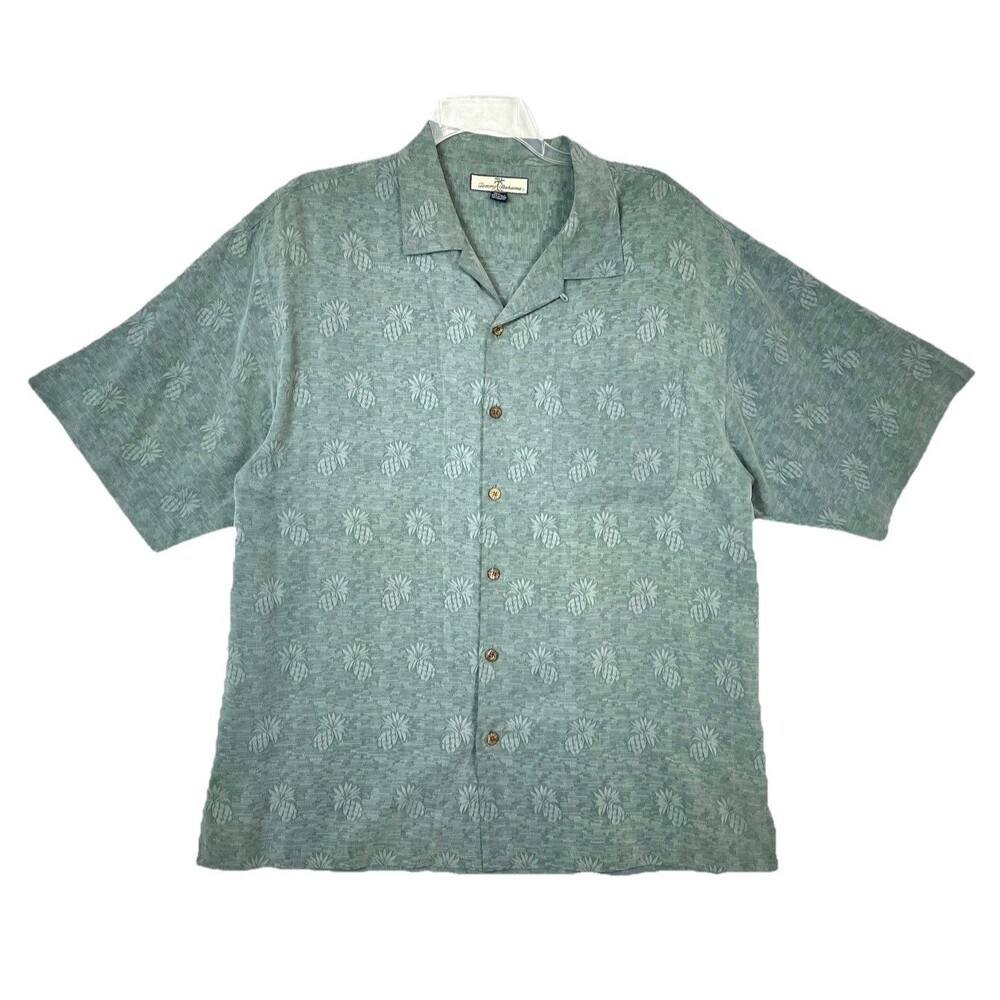Tommy Bahama Men XL Silk Button Up Camp Shirt Big Pineapple Green Beach Cruise